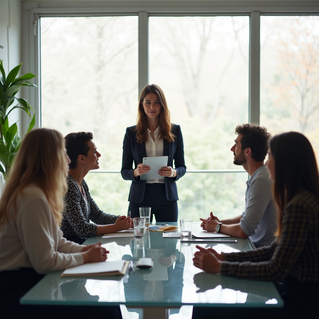Profesional presentando una propuesta ante un grupo de trabajo en una sala de reuniones