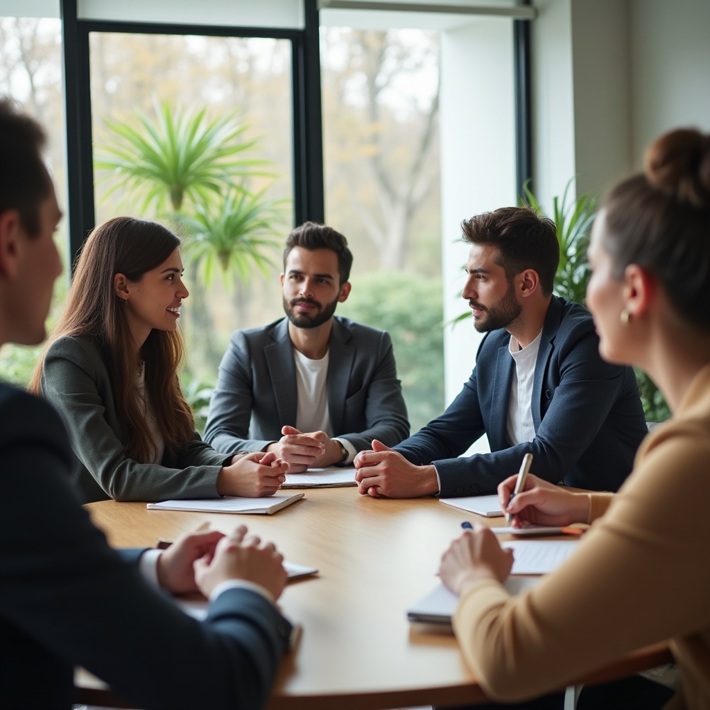 Grupo de profesionales discutiendo alrededor de una mesa durante una sesión de trabajo