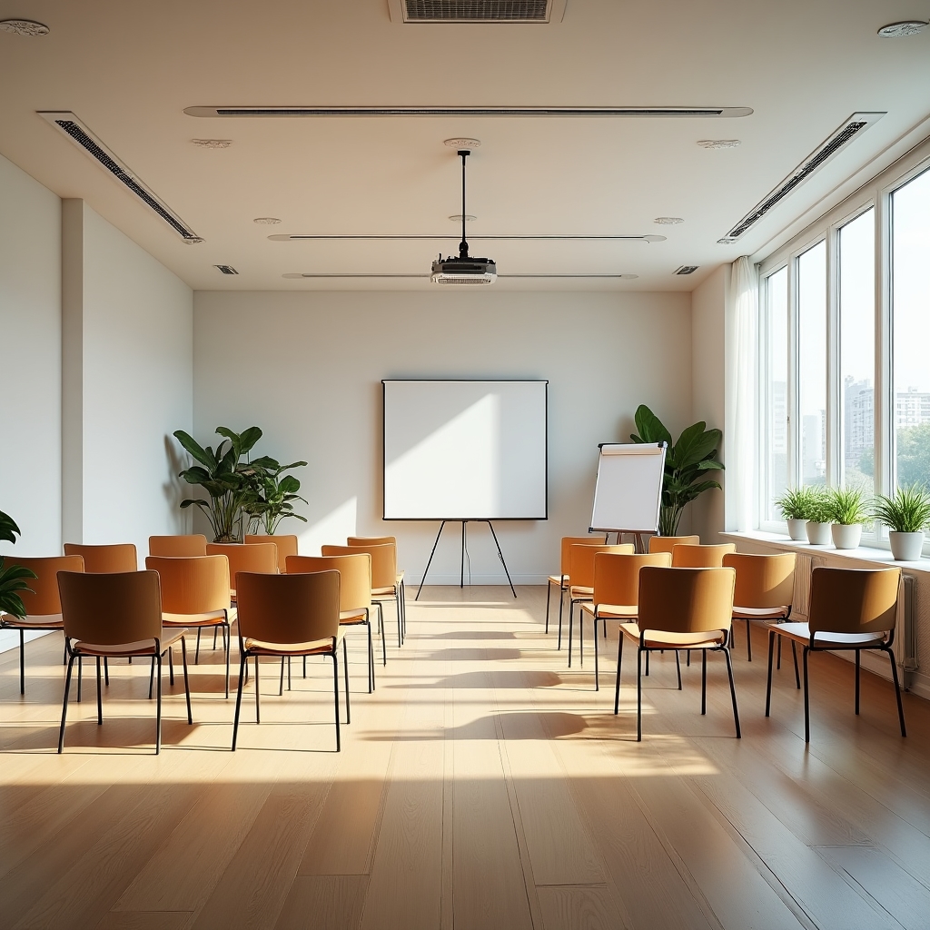 Sala de trabajo preparada para el taller intensivo con sillas dispuestas en semicírculo